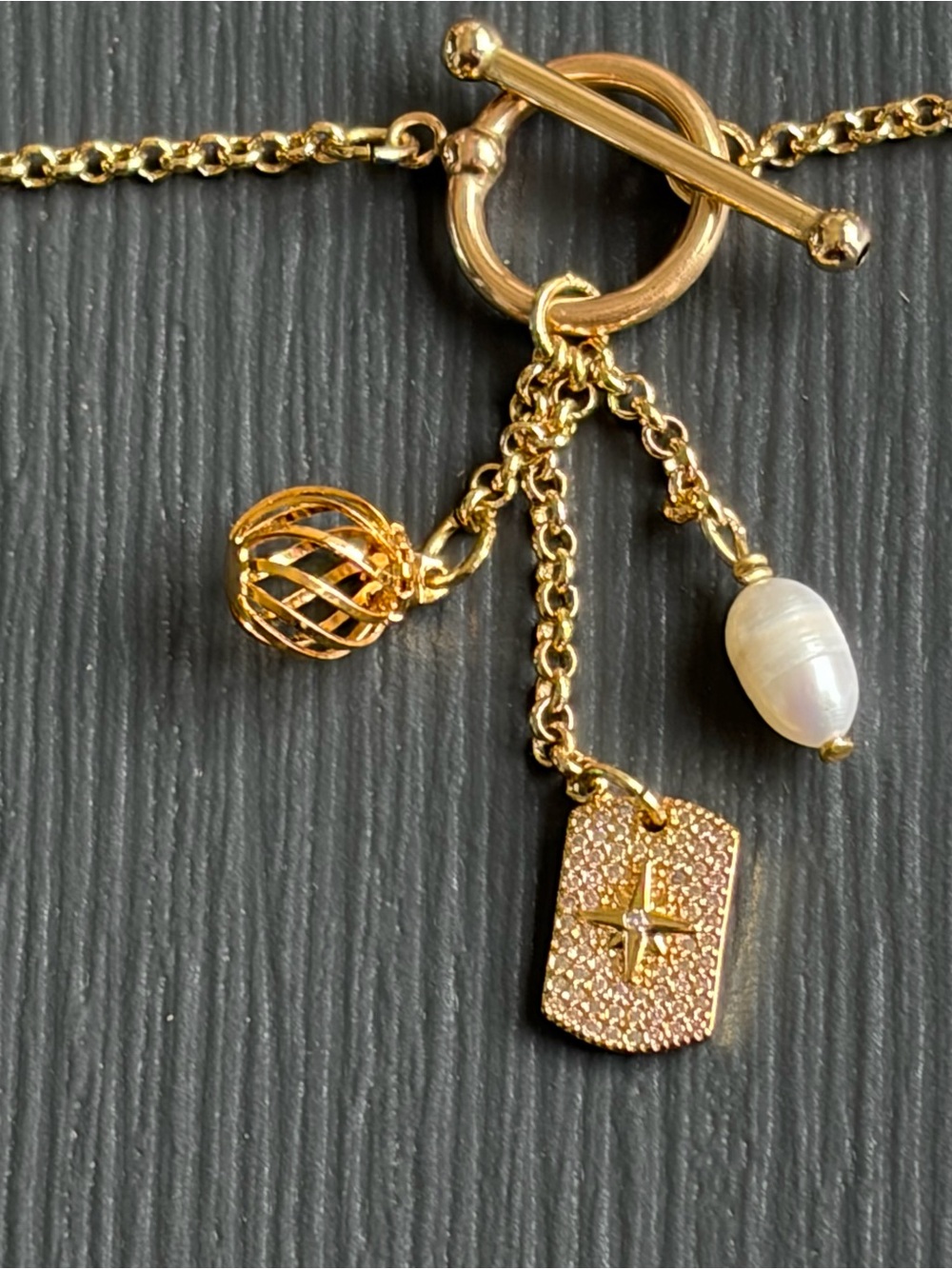 Gold Plated Toggle Necklace with Pearl and Star Charm
